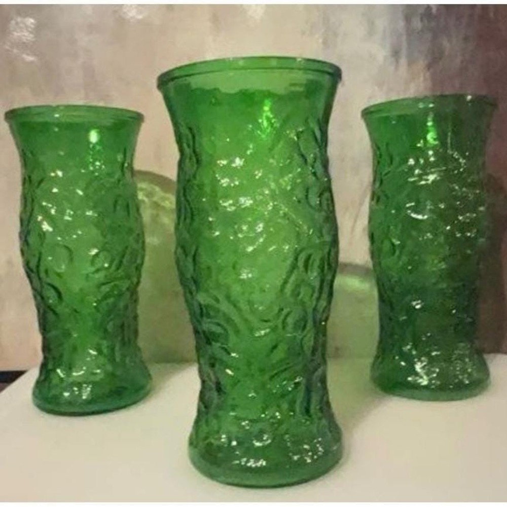 Vintage Hoosier Glass Emerald Green Crinkle Texture Vase Set of 3 Mid Century